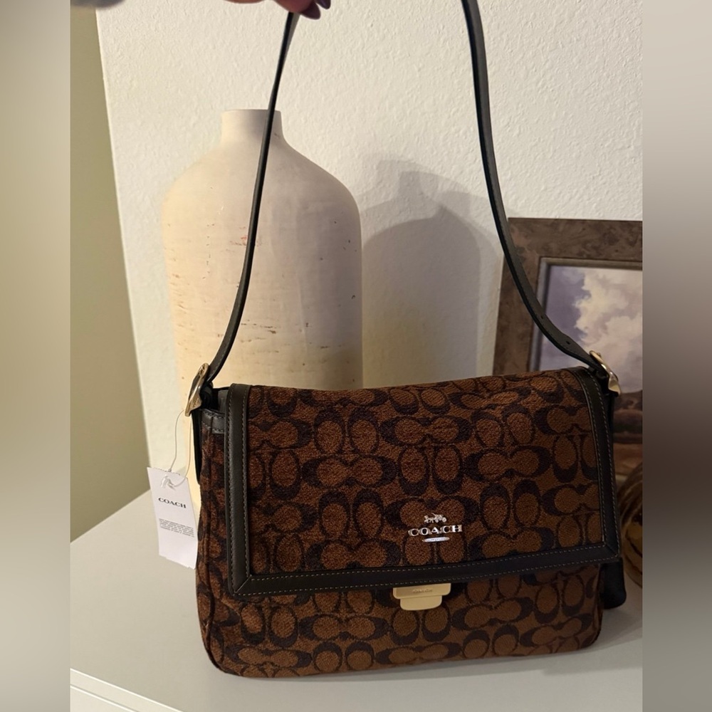 Coach Etta Flap Signature Brown and Black Shoulder Bag